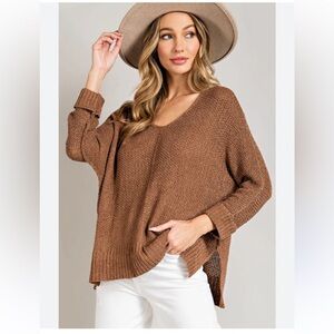 EESOME Womens Brown Relaxed Fit V-Neck Cuffed Sleeve Loose Weave Sweater S/M